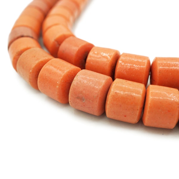 Antique Large African Coral Glass Beads from Nigeria (13-14mm) Wholesale - Cylindrical Vintage Tonal Coral Glass Beads (1882F828) Coral
