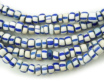 11 Old Venetian Wrap Glass Beads Barrel-shaped Striped Glass Beads Blue Red Stripes White Africa Trade