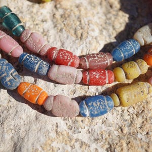 Multi Color Java Glass Beads (7x15mm) Artisan Made Organic Shaped Beads (3099A678) Indonesian