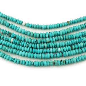May include: A strand of turquoise beads, featuring a faceted, teardrop shape. The beads are a vibrant blue-green color and are strung on a clear thread.