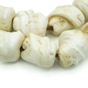 May include: A strand of off-white, shell-shaped beads. Each bead has a unique, organic form with subtle variations in color and texture. The beads are strung together on a brown cord, creating a natural, earthy aesthetic.