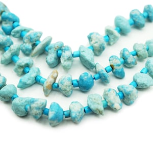 May include: A strand of turquoise beads, each bead is a different shape and size, with a light blue color.