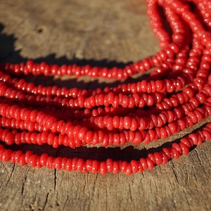 Small Poppy Red Java Glass Beads (3-4mm) Heishi Artisan Made Spacer Ring Beads (3103A215) Indonesian