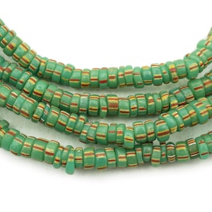 LONG 34&quot; Strand Antique Green Aja Venetian Chevron Glass African Beads (4-5mm) Mixed Old Tribal Rustic Trade Beads (2470C519) Chevron