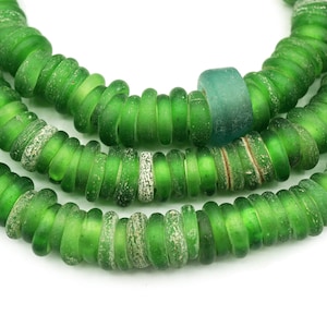 LONG 32&quot; Strand Rare Antique Green Dutch Dogon Glass Donut Beads from Mali (10-14mm) Old Tribal African Trade Beads (2472B100) African