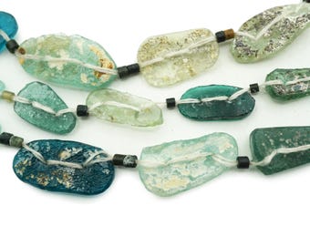 Blue Afghan Ancient Roman Glass Beads (15-30mm) Oval Shaped Full Strand Recycled Roman Glass Beads Afghanistan Wholesale (1863A752) Rustic