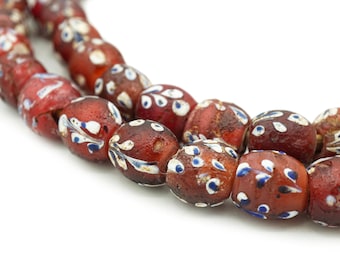 Old Tonal Red Venetian White Heart Beads (9-10mm) Full Strand (55 beads) Venetian African Trade Beads - Cornaline (1877F069) Venetian