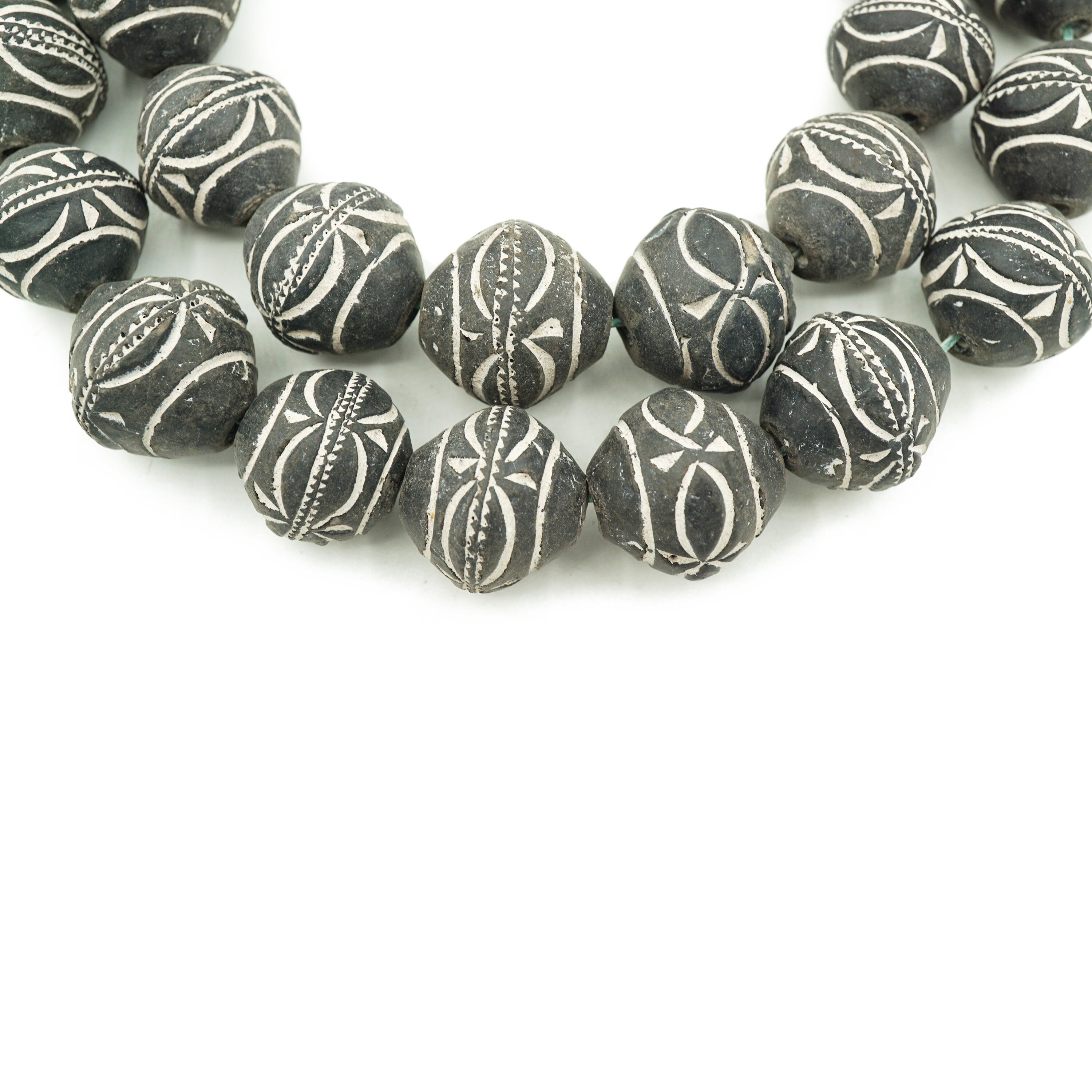 Vintage Ethnic African Tribal Clay Beads Black White 12 pcs