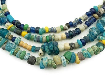 Ancient Excavated Djenne Beads from Mali, Africa (4-9mm) Blue Green - Antique Roman Glass Trade Beads - Circa 12th century (2143E048) Rustic