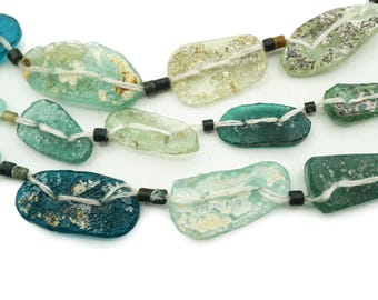 Blue Afghan Ancient Roman Glass Beads (15-30mm) Oval Shaped Full Strand Recycled Roman Glass Beads Afghanistan Wholesale (1863A752) Rustic