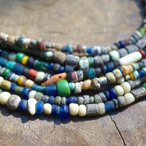 Ancient Excavated Djenne Beads from Mali, Africa - Roman Glass Mixed Blues & Greens Antique Trade Beads Circa 1600s (2670A215) Rustic