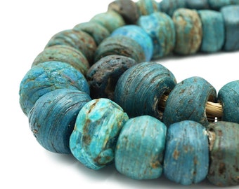 LONG 34" Strand Large Blue and Green Antique Hebron Kano African Beads (12-22mm) Ancient African Rustic Tribal Trade Beads (1037P145) Hebron