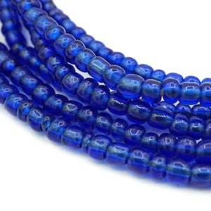 3 Strands Vintage Blue Nigerian Round Goomba Beads (4mm) Transparent Blue Glass Seed Beads Antique African Beads Porcelain (1858F601) Rustic