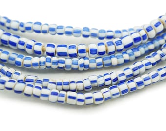 Small Vintage Blue and White Striped Chevron African Ghana Glass beads (3-4mm) Tribal Beads 100 year old Trade Beads (2350A208) Venetian