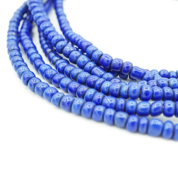 3 Strands Royal Blue Nigerian Round Goomba Beads (3-4mm) Glass Seed Beads Antique Old African Beads - Porcelain (1392P103) Blue