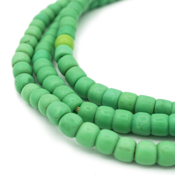 Vintage Matte Green Kenya Turkana and Maasai Beads (6mm) - Cylindrical - African Trade Beads - Old Tribal Glass Beads (727G315) Rustic