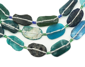 Rare Blue Afghani Ancient Roman Glass Beads (12x23mm) Oval Shaped Full Strand Recycled Roman Glass Beads Afghanistan (2718A572) Rustic