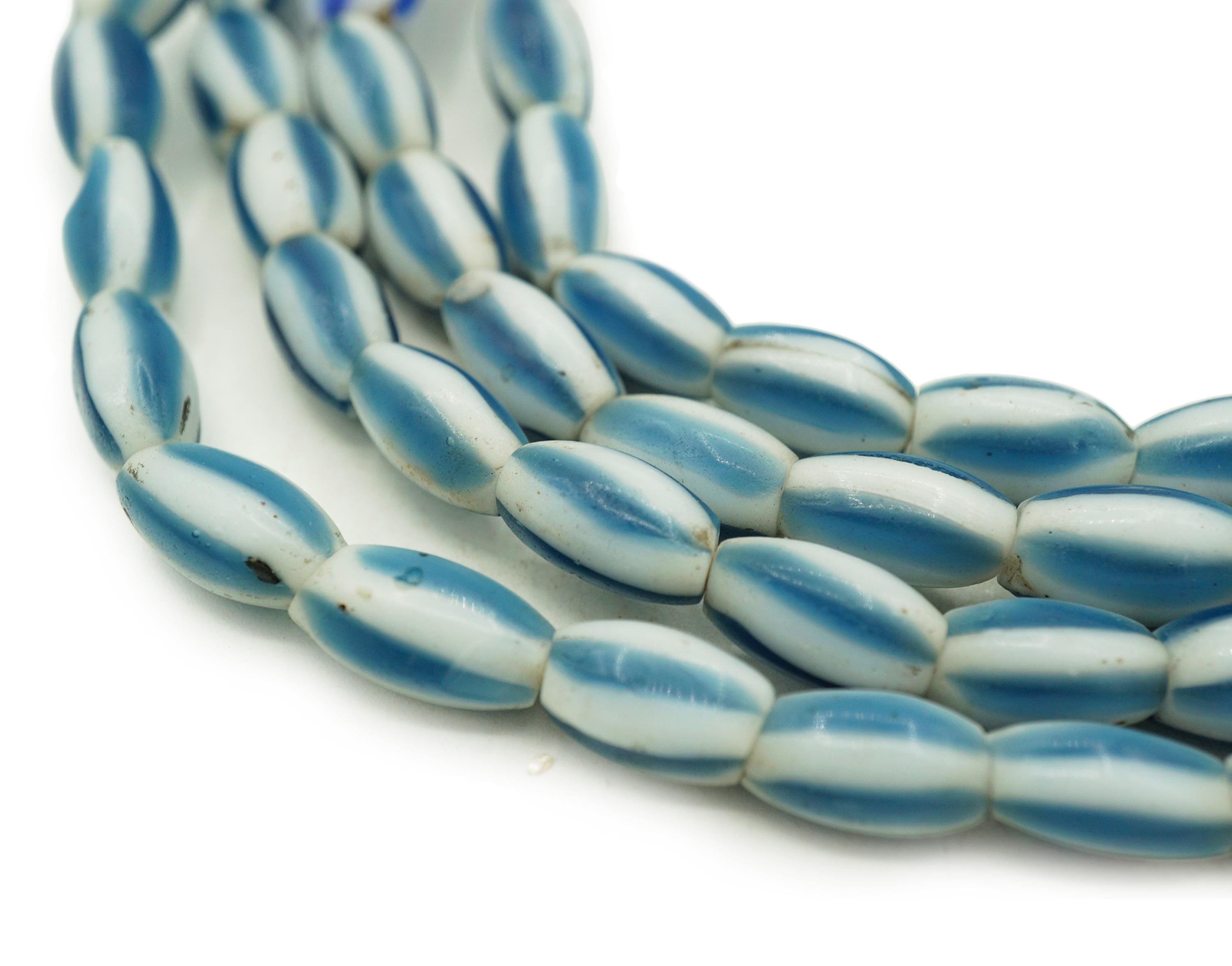 Vintage Blue Melon Striped Chevron Beads (7-8mm) Long 34" Strand Rare Chambray Blue Antique Venetian African Trade Beads (2485A529) Venetian