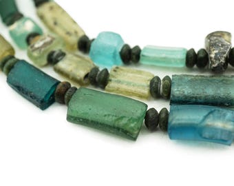 Afghan Ancient Roman Glass Beads (6-10mm) Flattened Tube Shaped 16" Full Strand Recycled Roman Glass Beads Afghanistan (2480A752) Rustic