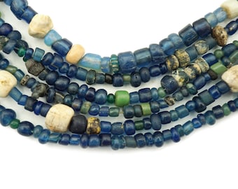 Ancient Excavated Djenne Beads from Mali, Africa - Ancient Roman Glass - Dark Tonal Blues Antique Trade Beads Circa 1600s (2668A215) Rustic