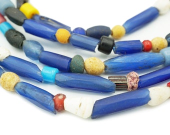 Mixed Antique Russian Blue and Venetian African Beads (6-9mmmm) Vintage Rustic Glass Trade Tube Beads (2288A028) African