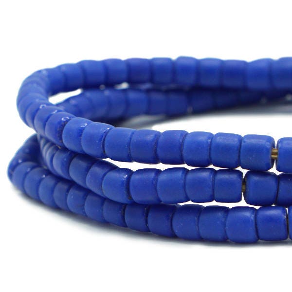 Vintage Matte Royal Blue Kenya Turkana and Maasai Beads (5-6mm) Cylindrical - African Trade Beads - Old Tribal Glass Beads (52F316) Rustic