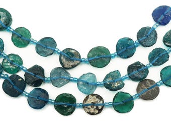 SMALL Afghan Ancient Roman Glass Beads (9-11mm) Blue Coin Shaped Center Drilled Recycled Roman Glass Beads Afghanistan (2720A482) Rustic