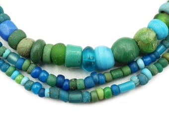Ancient Excavated Djenne Beads from Mali, Africa (3-9mm) Tonal Blues & Greens - Rustic Antique Roman Glass Trade Beads (2774A027) Rustic