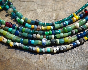 Ancient Excavated Djenne Beads from Mali, Africa - Roman Glass - Mixed Greens & Blues Antique Trade Beads Circa 1600s (2671A215) Rustic