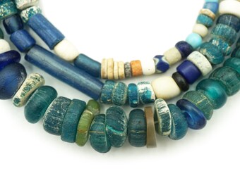 Ancient Excavated Djenne Beads from Mali, Africa (5-11mm) Blue Green - Antique Roman Glass Trade Beads Circa 12th century (2362A058) Rustic