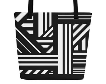 Black and White Stripes Large Tote and Beach Bag with inside Pocket
