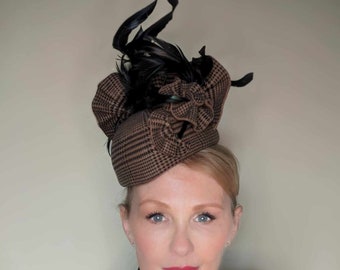 Prince of Wales Wool Felt Percher Hat: Handmade Feather Swirls