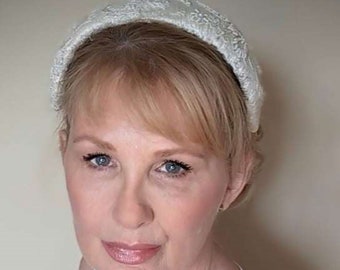 Beautiful heavily beaded silk bandeau crown, ivory silk and pearls