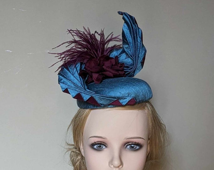 Beautiful teal and magenta shantung silk button hat. Perfect for Mother of the bride, Ascot or ladies day