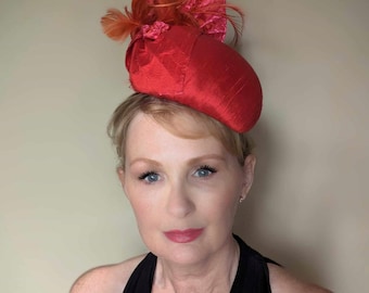 Beautiful statement red silk percher hat. Perfect for Mother of the bride, Ascot, races
