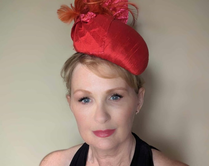 Beautiful statement red silk percher hat. Perfect for Mother of the bride, Ascot, races