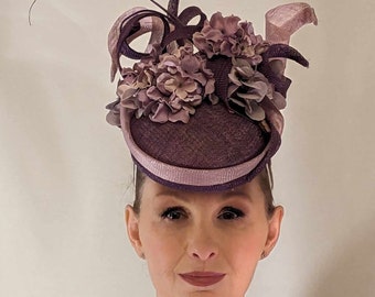 Handmade Purple Sinamay Percher Hat: Floral Statement Headpiece