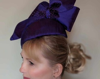 Handmade Purple Shantung Silk Percher Hat: Ascot Races Headwear