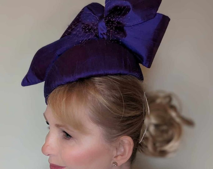 Beautiful shantung silk purple percher hat, mother of bride, Ascot, races, christenings