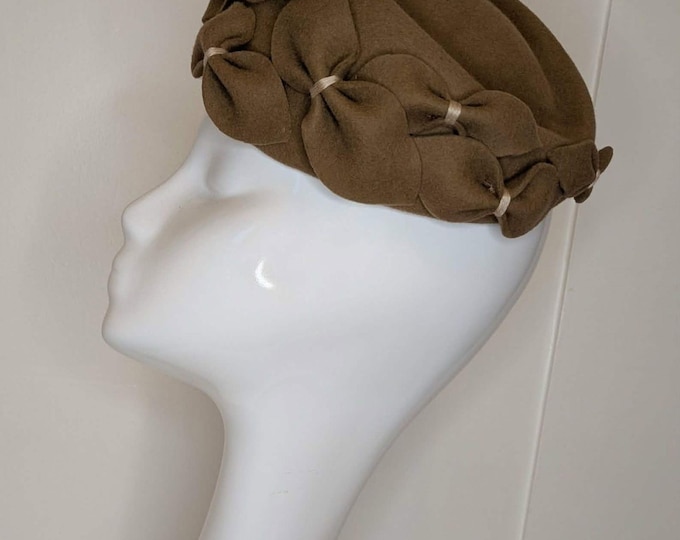 Warm caramel wool Jackie Kennedy Pillbox Hat: Handblocked with bow detail.
