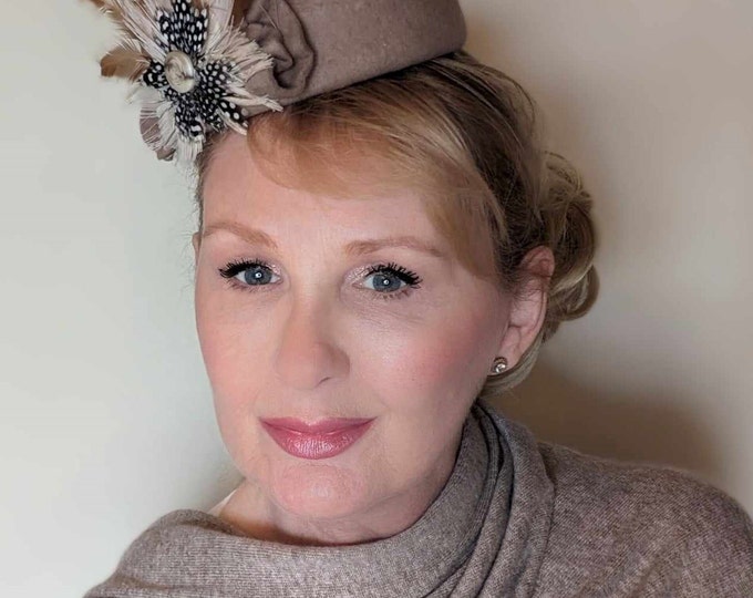 Handmade Wool Felt Pillbox Hat with Feathers: Winter Wedding Fascinator