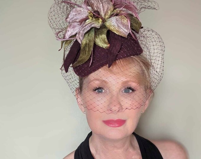 Beautiful burgundy wine wool felt percher hat, decorated with vintage velvet lillies. Perfect for winter weddings or racing
