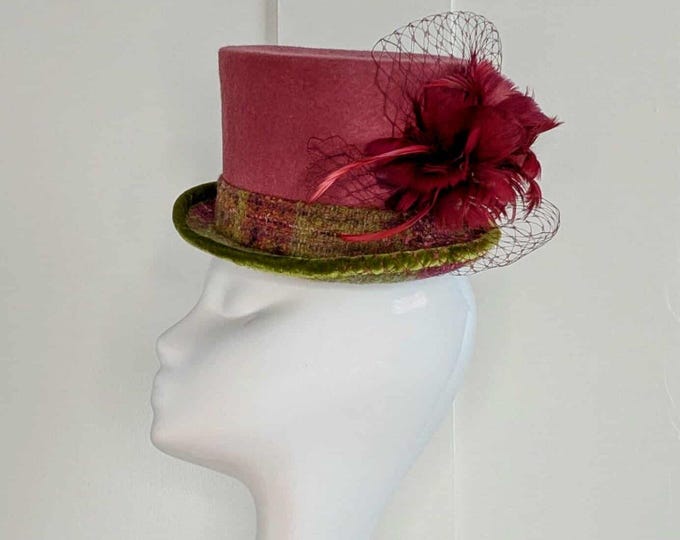 Pink Wool Felt Top Hat: Tweed & Feather Percher Hat