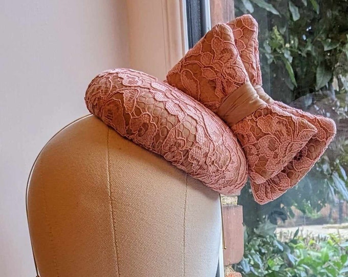 Beautiful peach silk and lace pillbox hat with bows. Perfect for mother of the bride, Ascot or ladies day races, weddings and christenings