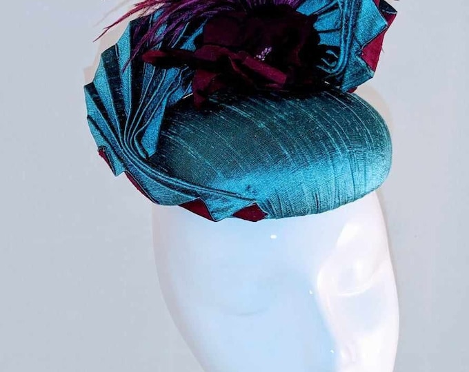 Teal & Magenta Shantung Silk Button Hat: Mother of Bride Ascot