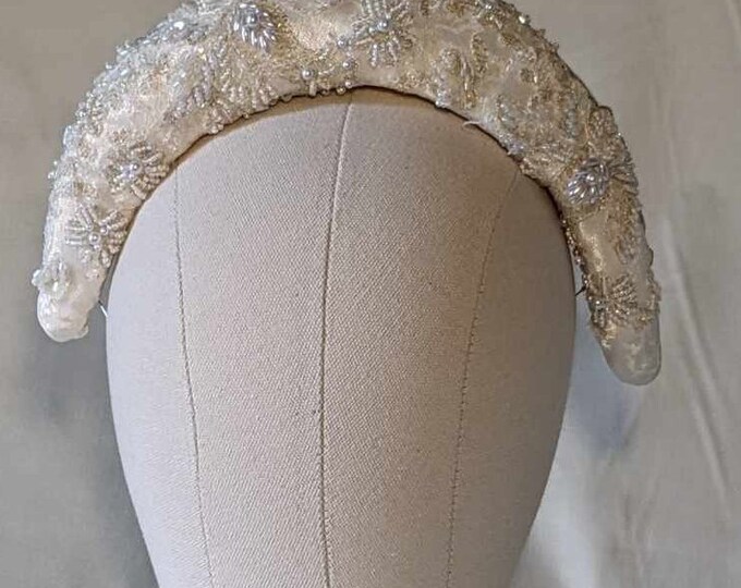 Beautiful bead encrusted bridal halo.  Ivory silk bridal  headpiece