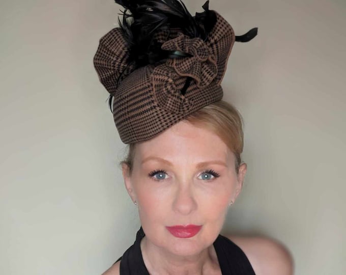 Prince of Wales check percher hat, beautiful wool felt hat with feathers and swirls. Perfect for winter racing or weddings