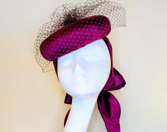 Large Pure Silk Button Hat With Statement Bow: Vibrant Purple, Weddings and Races