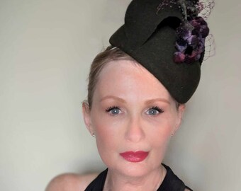 Wool Felt Percher Hat: Green Teardrop with Vintage Velvet Grapes