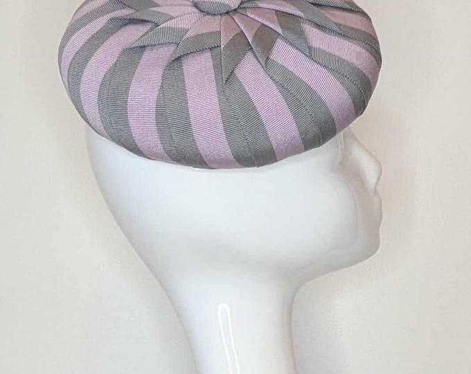 Large pillbox button hat. Vintage style cocktail hat. Purple and grey.